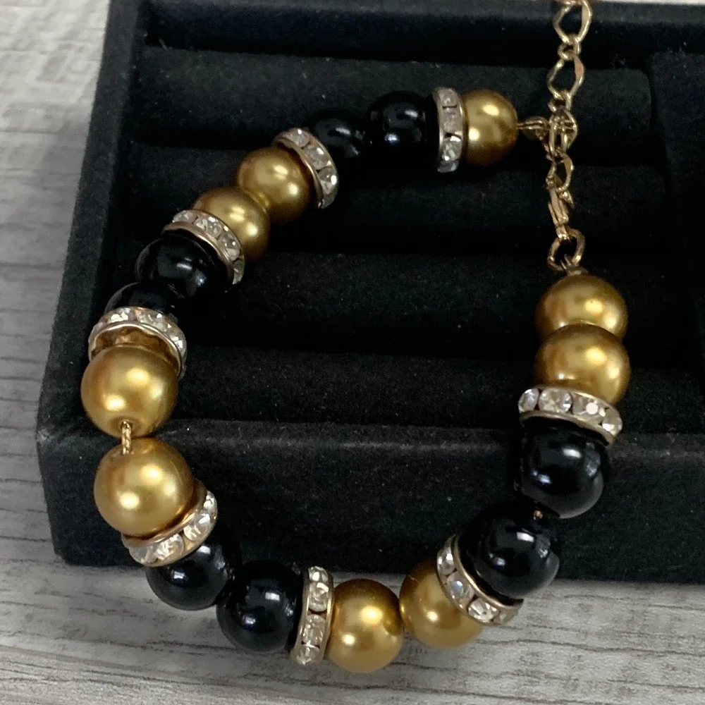 Black and Gold Faux Pearl Bead Bracelet Rhinestone Spacers Adjustable 7-8.5 In